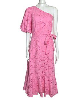 NWT Gibson Latimer Pink Eyelet Lace Midi Dress One Shoulder Barbie Cotton Large